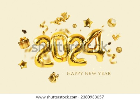 Gold balloons 2024 with confetti, gold mirrored balloon party, stars, gifts and dragon on a light beige background. Happy New Year 2024 creative. Golden Dragons