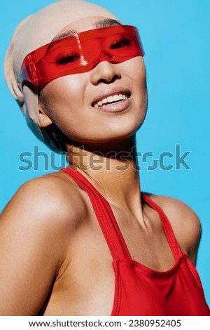 Sunglasses woman red blue smiling beauty