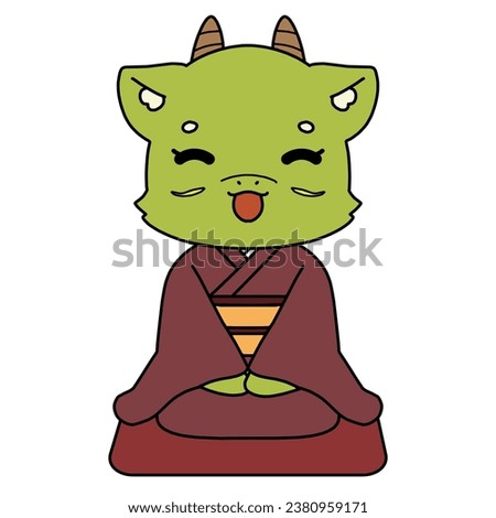 Illustration material of a dragon character in Japanese clothes sitting straight