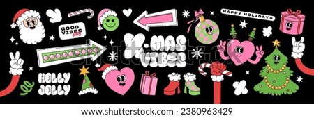 Merry Christmas and Happy New year stickers. Santa Claus gifts heart Christmas tree in trendy groovy retro cartoon style. Sticker pack of cartoon characters and elements.