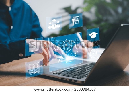 Education technology and AI Artificial Intelligence concept, Women use laptops, Learn lessons and online webinars successfully in modern digital learning,  Courses to develop new skills Royalty-Free Stock Photo #2380984587
