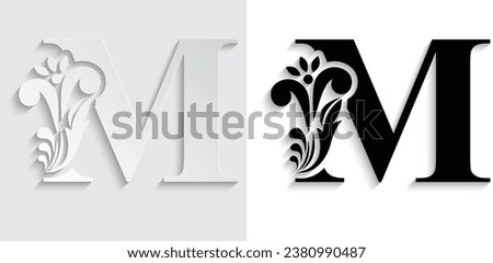 letter M Black and paper flower alphabet. Beautiful capital letters with shadow Royalty-Free Stock Photo #2380990487