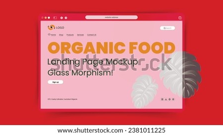 Landing page mockup design for Organic food, natural products, online store, Grocerry shop. Vector illustration, glassmorphism style. 
 Template concepts for website development and presentation.