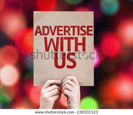Advertise With Us card with colorful background with defocused lights