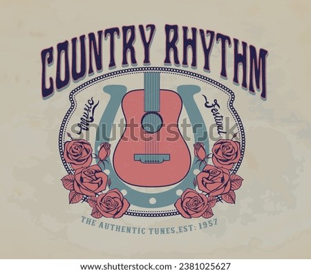 country music festival vintage design, retro vintage western music artwork, guitar with rose folk design for t shirt, sticker, poster, graphic print Royalty-Free Stock Photo #2381025627