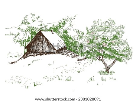 Green grass field on small hills. Meadow, alkali, lye, grassland, pommel, lea, pasturage, farm. Rural scenery landscape panorama of countryside pastures. Vector sketch illustration
 Royalty-Free Stock Photo #2381028091