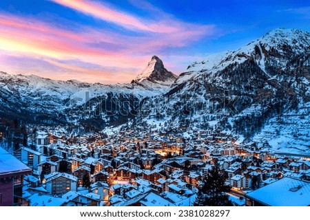 Matterhorn mountain and swiss alps at sunrise in Zermatt, Switzerland. Royalty-Free Stock Photo #2381028297