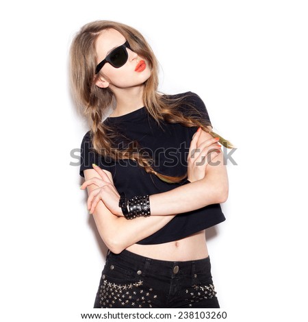 Fashion swag girl in sunglasses.  White background, not isolated