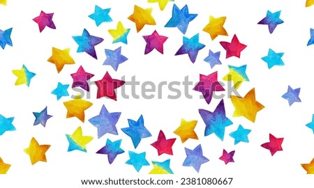 Festive watercolor poster,card,flyleaf or cover,frame,invitation,tag,t-shirt,scrapbooking,sticker,print with empty space of rainbow cute stars.Round handdrawn isolated illustration on white background