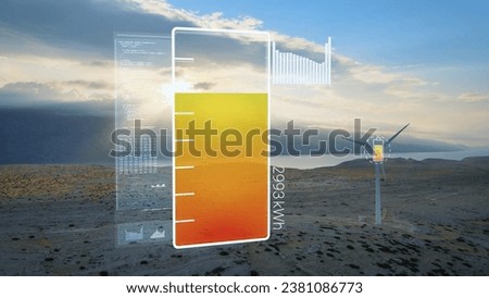 Wind power turbine generating energy, battery icon and data HUD - 3d animation Royalty-Free Stock Photo #2381086773