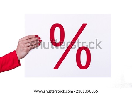 Woman hand holding a DISCOUNT white poster on white background. Studio shot. Commercial concept.