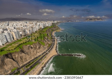 Aerial view of Malecon Miraflores and Costa Verde. Lima Peru