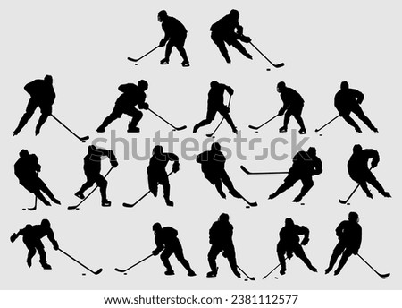 High details silhouette of ice hockey collection. Minimal symbol and logo of sport. Fit for element design, background, banner, backdrop, cover, logotype. Isolated on white background. Vector Eps 10.