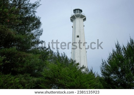 Old white lighthouse in gloomy sky with pine tree forest as foreground