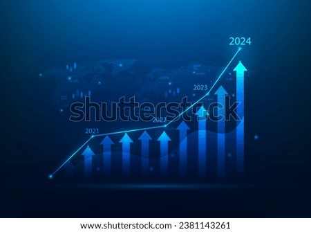 business trading graph investment growth 2024 year on blue background. economy world chart trading technology. global trend arrow up. vector illustration digital low poly fantastic design. 