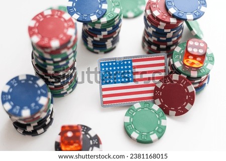 Casino. Gambling in the United States. poker chips, usa flag on blackjack table