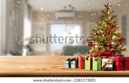 Beautiful Christmas holiday frame of Christmas tree and gift boxes