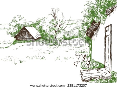 Green grass field on small hills. Meadow, alkali, lye, grassland, pommel, lea, pasturage, farm. Rural scenery landscape panorama of countryside pastures. Vector sketch illustration
 Royalty-Free Stock Photo #2381173257