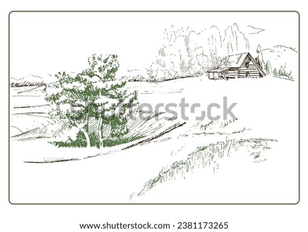 Green grass field on small hills. Meadow, alkali, lye, grassland, pommel, lea, pasturage, farm. Rural scenery landscape panorama of countryside pastures. Vector sketch illustration
 Royalty-Free Stock Photo #2381173265