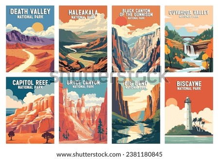 Set of National Parks Illustration Art. Cuyahoga Valley, Death Valley, Haleakala, Capitol Reef, Bryce Canyon, Black Canyon of the Gunnison, Biscayne, Big Bend. Royalty-Free Stock Photo #2381180845