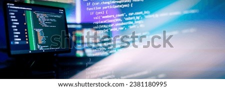 Running Computer data programming. Coding script text on screen. Notebook closeup photo. Royalty-Free Stock Photo #2381180995