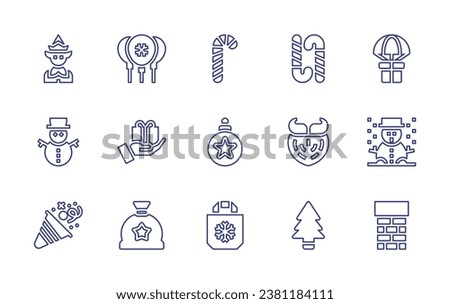 Christmas line icon set. Editable stroke. Vector illustration. Containing elf, snowman, birthday, candy cane, christmas ball, gift bag, balloons, gift, gift box, chimney, beard, christmas tree.