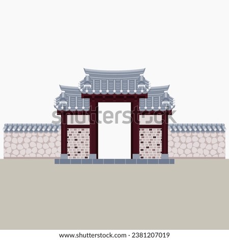 Editable Vector Illustration of Traditional Korean Hanok Gate Building for Artwork Element of Oriental History and Culture Related Design Royalty-Free Stock Photo #2381207019