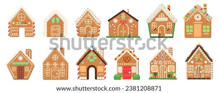 Gingerbread houses vector illustration set. Cartoon baked town buildings with candy, sugar icing snowflakes, and chocolate decorations on windows and doors Royalty-Free Stock Photo #2381208871