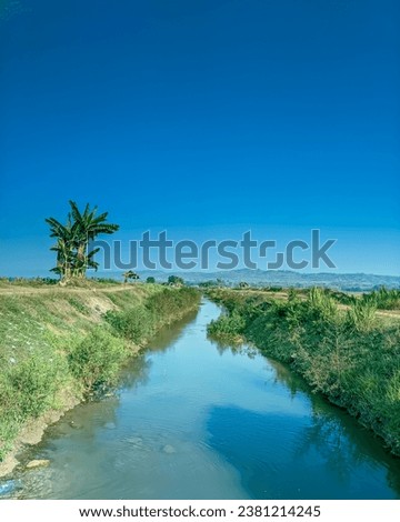 Irrigation river for farmers' rice fields on the edge of the city with a gradient blue sky background