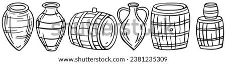 Set of old wooden barrels of wine, jug for wine, kvevri in outline style on a white background. Traditional Georgian wine making.  Old Beer barrel. Vector illustration Royalty-Free Stock Photo #2381235309