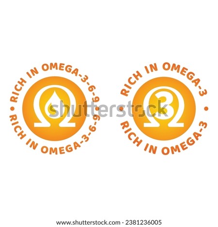 Rich in omega 3 6 9 vector label. Omega oil natural food source icon. Royalty-Free Stock Photo #2381236005