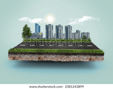 floating road with buildings isolated in blue background 