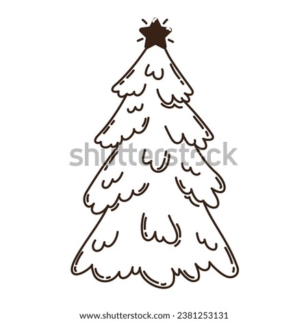 Isolated hand drawn doodle line christmas tree with star. Flat vector illustration on white background. New Year, Merry Christmas. For card, invitation, poster, banner.