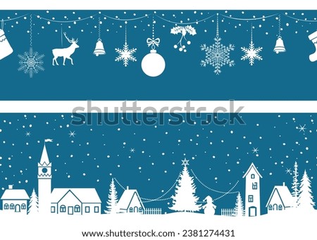 Set of two seamless borders. Christmas backgrounds with fir trees, houses, decoration, snowflakes, garland. Vector illustration.