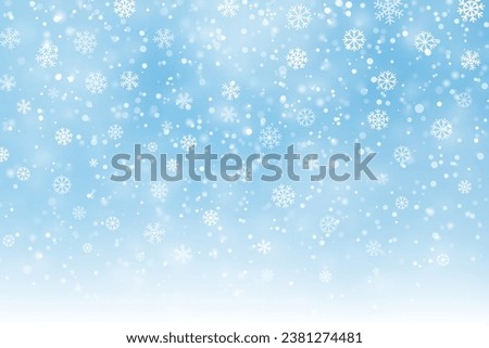 Christmas blue background with falling snow and snowflakes, magical winter sky with snowfall, fantasy shining snowy backdrop, vector illustration.