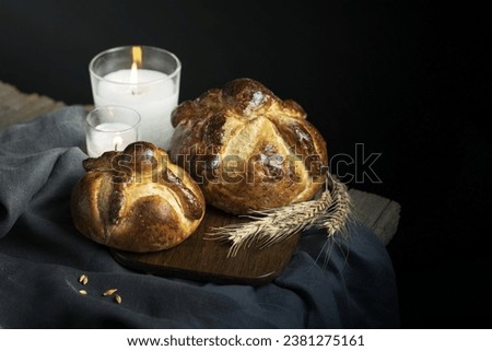 Arrangement of traditional bread of dead Royalty-Free Stock Photo #2381275161