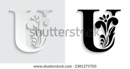 letter U Black and paper flower alphabet. Beautiful capital letters with shadow