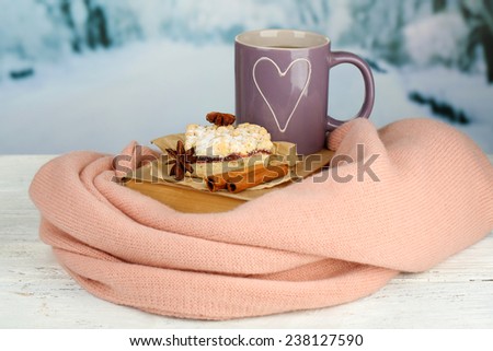 Beautiful composition with cup of hot drink