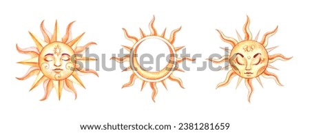 Watercolor set of magic suns with faces and crescent inside isolated on white background. Celestial hand drawn clip art for astrological and esoteric blogs, tattoo, tarot cards, prints, stickers