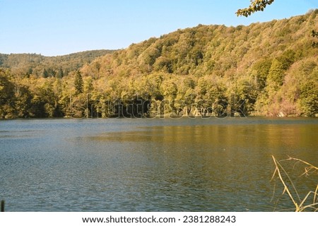 A sunny day at the Plitvice Lakes National Park, Croatia. View to one of the many lakes. Royalty-Free Stock Photo #2381288243
