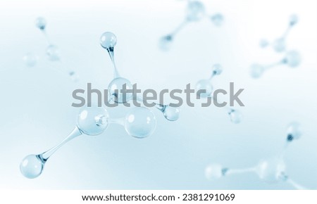 3D glass molecules or atoms on light blue background. Concept of biochemical, pharmaceutical, beauty, medical. Science or medical background. Vector 3d illustration