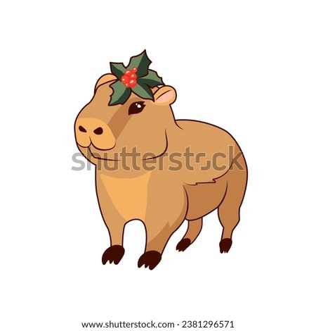 Cute baby capybara with a Christmas bouquet of mistletoe with red berries on his head stands on a white background, isolate