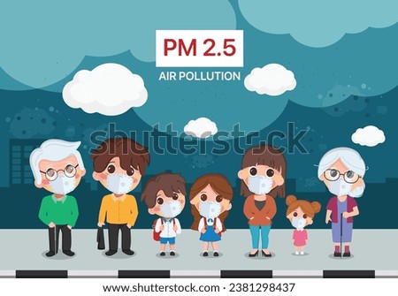 People wearing a mask to protect PM2.5 dust. Air Pollution. Cartoon people in the city illustration vector design. Royalty-Free Stock Photo #2381298437