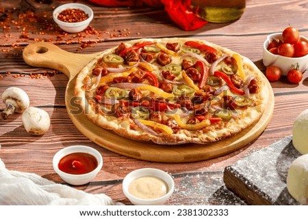Pizza, Pizza on wooden table, Food ingredients and spices for cooking mushrooms, tomatoes, cheese, onion, oil, pepper, salt, basil, olive and delicious italian pizza, Pizza Photography