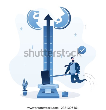 Confident businessman hitting financial success tester machine. Male character hits button with hammer, device with target for measuring success. Ability to make money. Investor in jump. flat vector Royalty-Free Stock Photo #2381305461