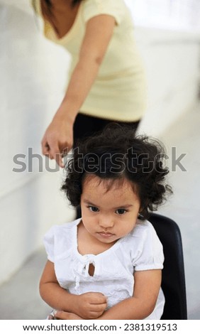 Young, girl and mother point scold for trouble discipline, childhood behaviour or tantrum. Daughter, chair and sad guilt parent fail or anger toddler authority, difficult child in home for attention Royalty-Free Stock Photo #2381319513
