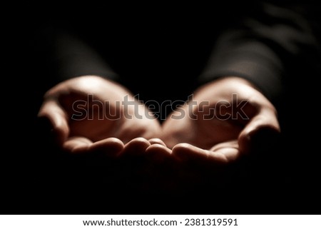 Hands, prayer and help from God with charity, closeup and praise with giving, gratitude and respect for religion. Search for guidance, wellness and praying, worship and faith with person and trust