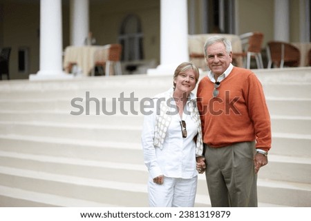 Hotel, stairs and portrait of senior couple holding hands outdoor for travel, vacation or holiday fun. Hospitality, villa and face of old people with love, smile or together on luxury retirement trip