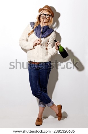 Portrait, woman and holding moustache with champagne for photo or comic on a white background for fun. Funny, alcohol and girl with a prop at an event for crazy, comedy and celebration for a picture
