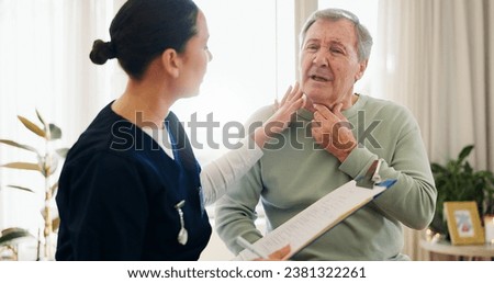 Nurse, clipboard or senior man with neck pain, throat cancer or check laryngitis problem, anatomy assessment or symptoms. Consultation, patient or caregiver test, exam or expert with healthcare notes Royalty-Free Stock Photo #2381322261